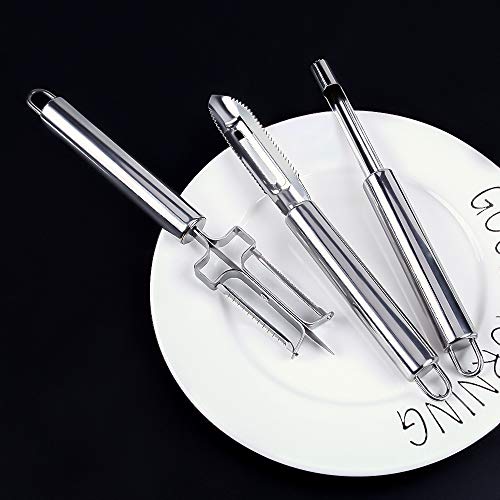 Stainless Steel Vegetable Peeler set of 3 pcs, Metal Peeler Set with Sharp Serrated Blade Cherry, Jujube Corer and Peeler Remover Set for Apple, Potato, Fruit Jujube, Vegetable Kitchen Gadgets Tools