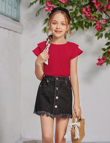 Image of Girls T Shirts Ruffle Short Sleeve Round Neck Loose Blouse Summer Solid Color Casual Girl Tee Tops for 3-12 Years