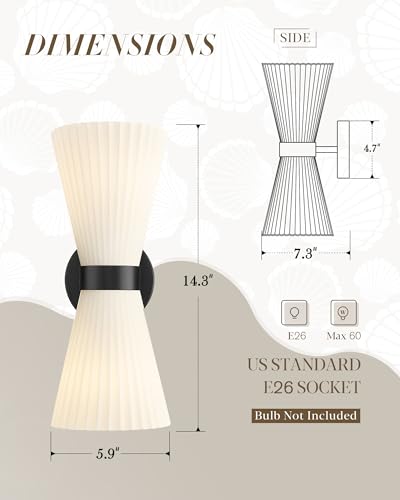 Image of Black Wall Sconces Set of Two, HWH Modern Wall Light Fixtures Indoor Wall Lamp Up and Down, Matte Black Finish with Frosted Milk White Striped Glass Shade, 5HZG97B-2W-2PK BK