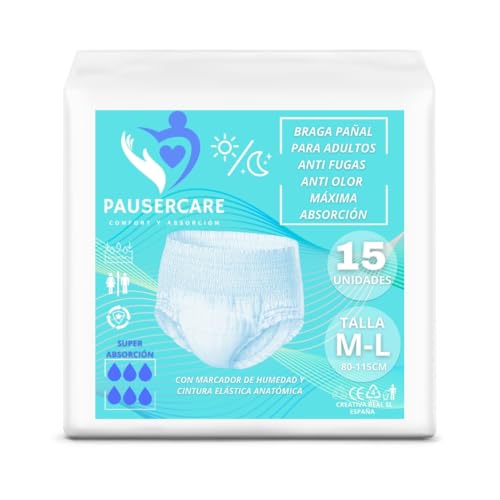 PAUSERCARE Braga Pañal Ropa Interior-Adulto Unisex |Super Absorbentes Para Incontinencia Severa | Hombres & Mujeres | 15 Unidades Desechables | Máxima Protección Discreta | Día y Noche TALLA M-L