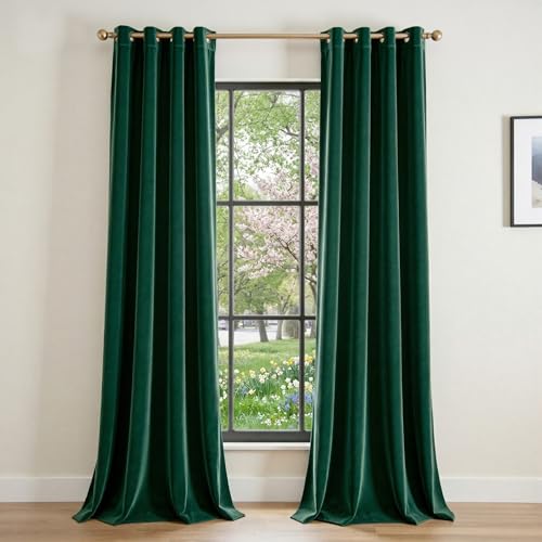 Image of Extra Long Green Velvet Curtains Grommet 52x108 Inch 2 Panels | Soft Velvet, For Tall Windows & High Ceilings, Light Shifting Texture, Elegant Drape, Classic