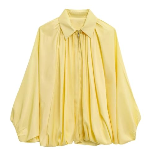 WOWULOVELY Women's Puffed Bomber Jacket Oversized Lapel Collar Streetwear Coat Long Casual Batwing Sleeve Zip Pleated Shirts(Yellow-S)