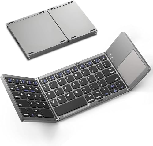 Image of Foldable Bluetooth Keyboard with Touchpad, Rechargeable Slim Travel Tri-Fold Wireless Portable Keyboard, for Tablet, Laptop Black and Silver FOLDPREM88