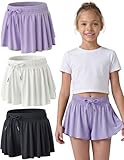 3 Pack Girls Flowy Shorts with Spandex Liner 2-in-1 Youth Butterfly Skirts for Fitness, Running, Sports (Set 7, Large)