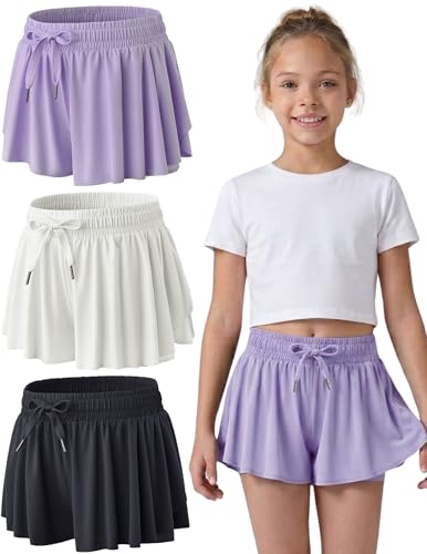 La mejor comparación de Pantalones cortos deportivos para Niña que Puedes Comprar On-line. 45 Paquete de 3 pantalones cortos para niñas con forro de elastano 2 en 1 faldas de mariposa para jóvenes, para fitness, correr, deportes, Lavanda/Blanco/Negro, Medium