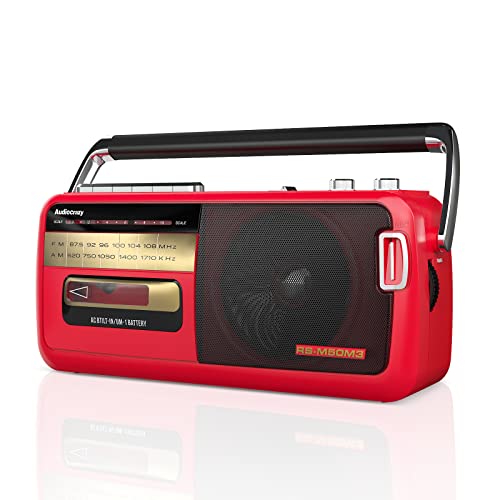 Audiocrazy UKW/AM Retro-Radio Tragbare Boombox mit Kassettenrekorder USB Bluetooth Player Plus 3.5mm Kopfhörer Anschluss, Aufzeichnung Radio,Batterie Radio Rot Cover