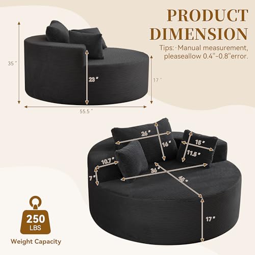 Image of 55''Oversized Round Boneless Chaise Lounge Chair,Corduroy Modern Floor Sofa Deep Seat, Compressed Circle Comfy Barrel Chair, No Assembly Sleeper Cloud Sofa Couch Bed for Living Room, Bedroom,Black