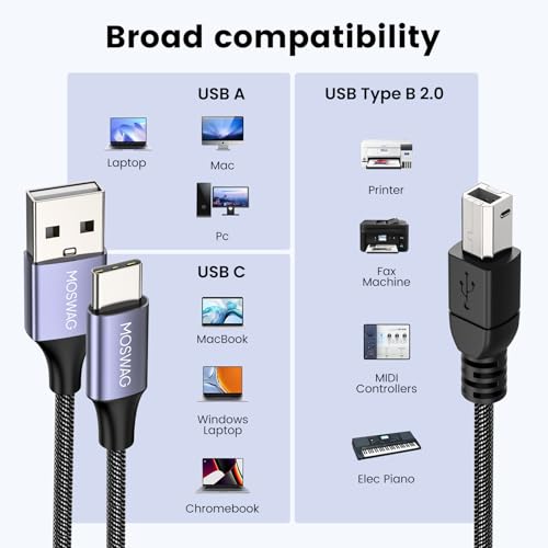 moswag 2in1 usb printer cable 328ft1m with usb c to midi cable printer cableusb midi cable usb c to usb b midi cablecablecompatible with music instrumentpianomidi keyboardusb microphone