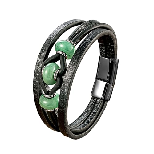 BCATTAW Bracciale Di Cuoio Uomo,Bracciale Da Uomo In Pelle con Pietra Rotonda Naturale E Cristalli con Chiusura Magnetica Bracciale Multistrato Retrò Accessori per Gioielli Avventurina 21 Cm