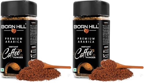 Image of BORN HILL Premium Instant Coffee, 100g | 100% Arabica & 0% Chicory | Medium Roast | Ground Coffee powder for Strong & Rich Brew | Makes 50 cups (Pack of 2)