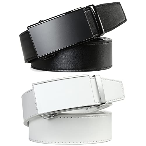 Image of 2 Pack Ratchet Belt 1 3 /8 inch, Leather Dress Belt with Click Sliding Buckle in Gift Set Box, Mens Adjustable Belt Trim to Fit (Black /White Belt, 28 inch-34 inch Waist Adjustable)
