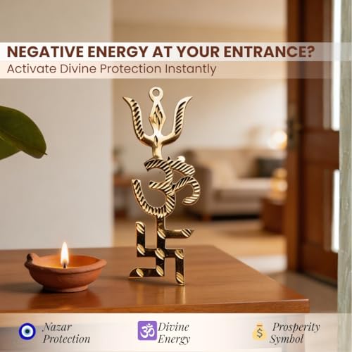 Image of Plus Value Trishakti Yantra Vastu Brass Swastik, Om, Trishul for Home, Office Main Door Protection and Decor, 5 Inch Gold, Positive Energy, Good Luck, Astrology Gift, Entrance Wall Hanging