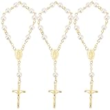Artibetter Pulsera de Rosario para Ñiño Cruz de Vidrio y Perlas Acrílicas, 3 Piezas, Pulsera de Muñeca Colgante de Cruz Dorada, Recuerdo para Fiesta de Bienvenida y Bautizo