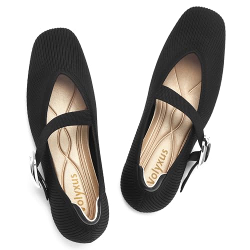 Women's Mary Jane Flats Shoes Square Toe Ballet Flats Comfortable Dressy Knit Flats with Strap Slip On Washable Casual Office Shoes3