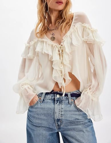 Womens Tie Front Top Sheer Tops and Blouses Long Sleeve Peplum Lace Trim Chiffon Shirt V Neck Beach Clothes2