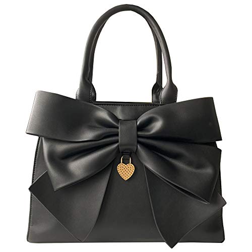 Rullar Women 2Pcs Handbag Set Bow-Knot Satchel Top-Handle Crossbody Bag Tote Wallet Purse With Heart Pendant Black #TOP1