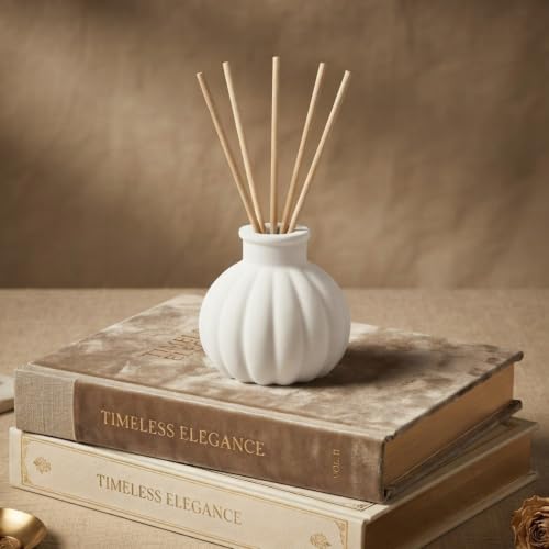 Image of Reed Diffuser Bottle with 5 Reed Sticks | Decorative Concrete Reed Diffuser Vase for Fragrance Oil | Bathroom, Living Room & Table Decor | Empty Reusable Diffuser Bottle (7.5cmx7.5cm)