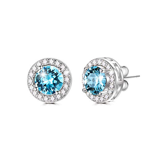 AOBOCO Sterling Silver Halo Earrings Stud Earrings for Women, Simulated Aquamarine Birthstone Crystals from Swarovski, Blue Wedding Gifts Earrings for Bride Anniversary Birthday Jewelry for Wife