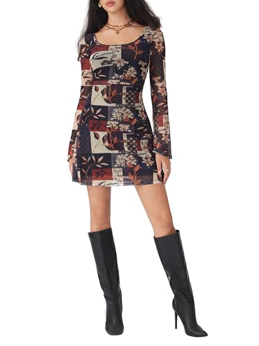 CIDER Women Bell Sleeve Floral Dress Y2k Boho Mesh Mini Dresses Bodycon Fall Fashion Going Out Party Date Night Outfit2