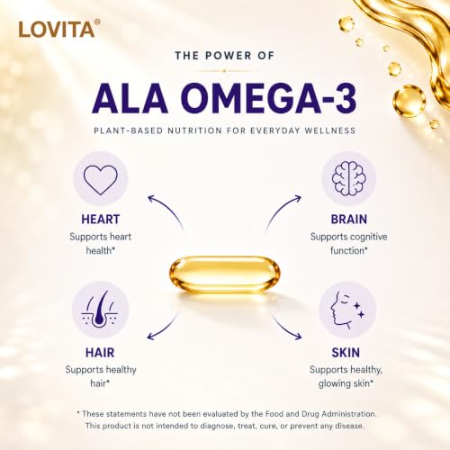 Image of LOVITA Vegan Flaxseed Oil 1500mg, 900mg ALA, 180 Softgels | Cold-Pressed Omega 3-6-9, Plant-Based, Fish-Free, No Fishy Burps, cGMP Made in USA, 90 Servings