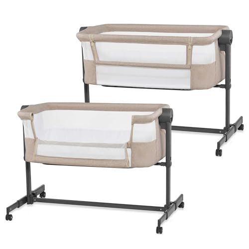 Kinderkraft Nestee UP 2 Cuna Colecho para Bebé con Colchón, Cuna de Cabecera, Fácil Ajuste de Cama de Padres, Ajuste de Altura, Buena Circulación de Aire, Ruedas transportarás, Beige