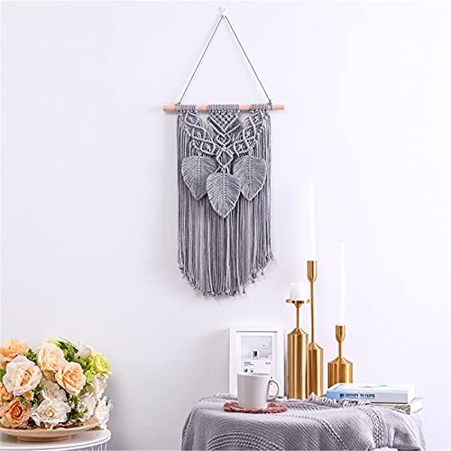 RAILONCH Macramé wandtapijt, bladkwast, wandtapijt, boho, decoratief geweven tapijt, wanddecoratie (grijs) - Afbeelding 7