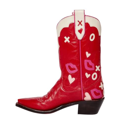 Western Cowboy Boots for Women Mid Calf Chunky Heel Love Heart Embroidery Lipstick Red Booties 5