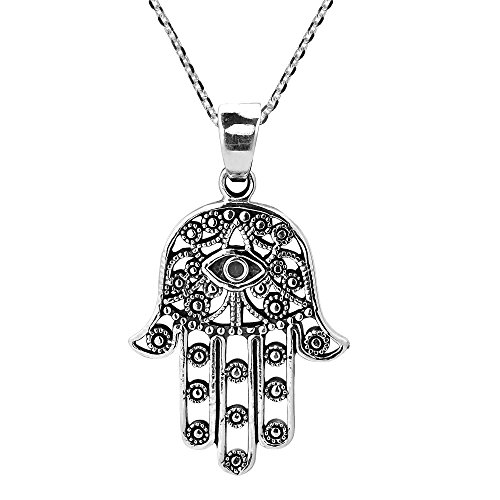 AeraVida Henna Hamsa Hand of Fatima with Evil Eye .925 Sterling Silver Pendant Necklace