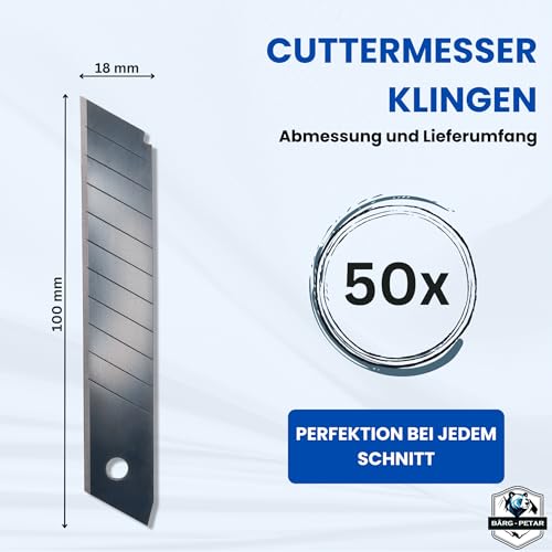 BÄRG-PETAR 50x Cuttermesser Klingen Schwarz 18mm Abbrechklingen - Teppichmesser Tapeziermesser Klingen - Ersatzklingen Karbon Carbon Black – Cutter Messer Klingen - Extrem Scharf