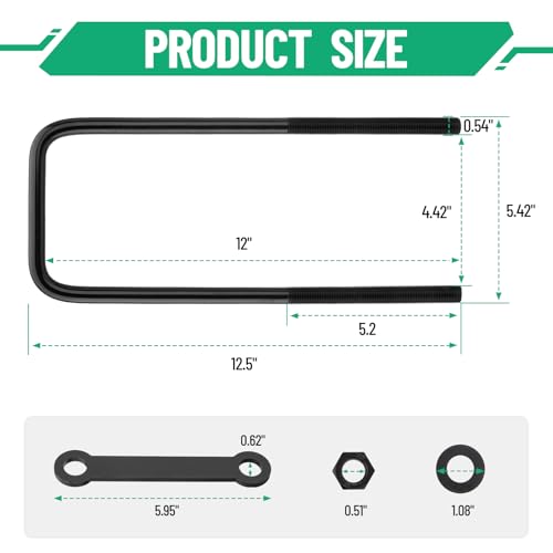 Image of 12 Inch Square Bend U-Bolt Kit for Truck Chassis | Heavy-Duty Steel Suspension Leaf Spring U Bolts with 6 Inch Tie Plates
