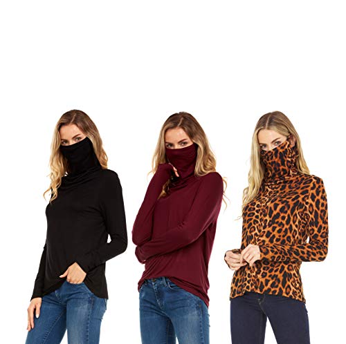 Inner Beauty Womens Long Sleeve Shirt with Attached Face Mask - 3 Pack, Black/Wine/Animal, Small