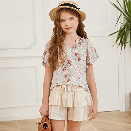 Blibean Girl Summer Blouse Short Sleeve Shirts Tween Kids Ruffle Tops Spring Boho Flower Clothes Floral Clothing Size 12-13 Years Xx-Large Green #TOP1