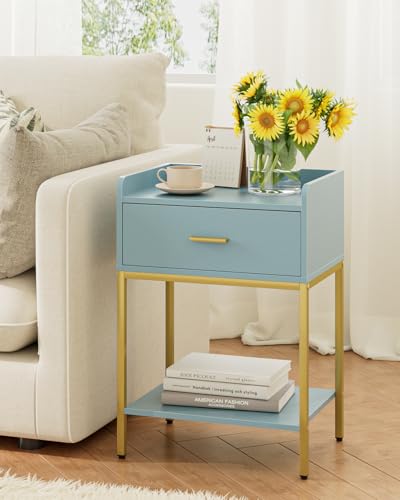 Image of Masupu Nightstand,Bedside Table 3-Tier Modern Night Stand with Storage Drawer and Shelf,Small End Side Table for Bedroom,Living Room,Black (Without Outlet, Blue)