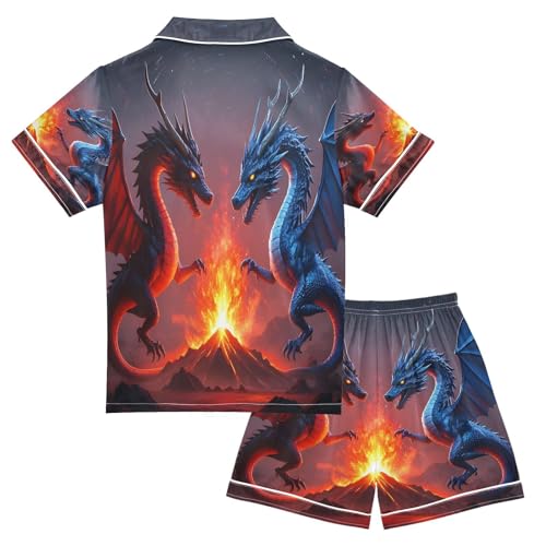 ALAZA Red Blue Dragon Satin Pajamas Set Short Sleeve Button Down Sleepwear Summer Pjs 2 Piece2