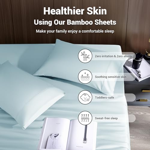 Image of Shilucheng 4 Piece King Sheet Sets, Cooling Sheets, Blend Rayon Derived from Bamboo, Deep Pocket Up to 16 inch, Breathable & Soft Bed Sheets, Hotel Silky Bedding Set, Spa Blue