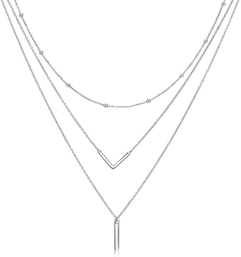 MONGAS Boho Layered Necklace Sterling Silver Triple 3 Stacked Vertical Bar Triangle Long Layering Necklaces Christmas Jewelry Gifts for Women