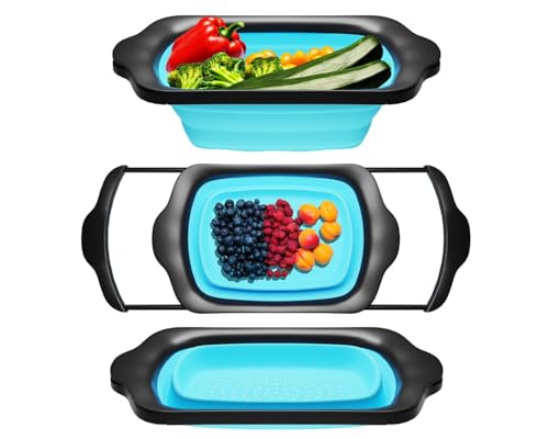 XL Large Kitchen Strainer by Comfify - Collapsible Silicone Over - The-Sink Colander with Extendable Handles - Use with Pasta, Fruit, Berries & Veggie - 6 Quart - Blue