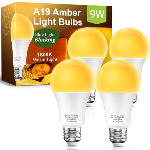 Image of Amber Light Bulbs for Sleep 4 Pack: 1800K, 9W 60W Equivalent, E26