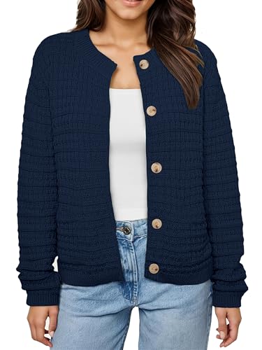 Oyamiki Damen Blaue Strickjacke Rundhalsausschnitt Gestrickter Strickpullover Cardigan mit Knopf L
