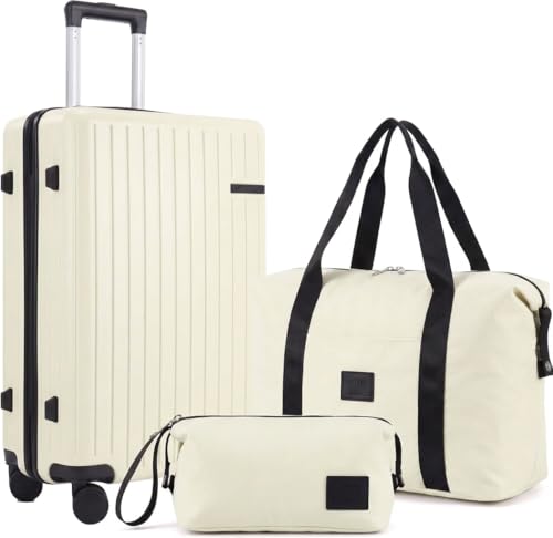 Image of Hoteel Luggage Sets 3 Piece, 4-Yr Warranty, PC+ABS Suitcases with Wheels and Side Hook, Hardshell 20 inch Luggage with Duffel Bag Travel Bag, Beige(20 /DB /TB)