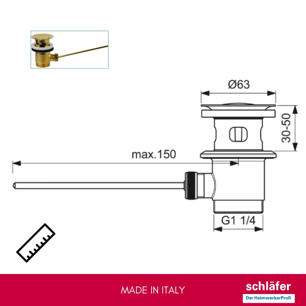 Schläfer 40510110 | Piletta Universale Dorata con Tappo Saltarello in Metallo Pesante per Scarico Lavabo Bagno e Bidet 1"1/4 con Troppopieno. Finitura PVD Oro Lucido