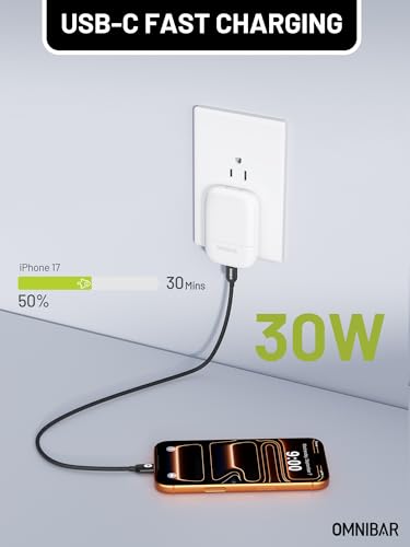 Image of Slim Flat 30W USB C Charger Block, GaN Fast Wall Charger with Foldable Plug, PD 3.0 PPS Type C Power Adapter for iPhone 17 /16 /15 Series, Samsung Galaxy S26 /S25, Pixel 10, iPad, AirPods, White