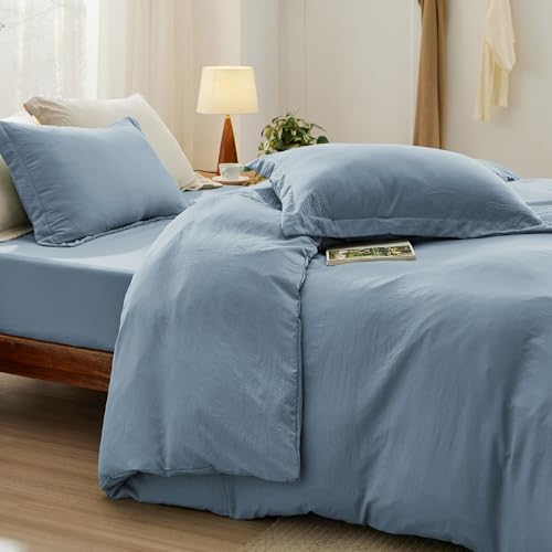 Image of Bedsure Duvet Cover Queen Size with Fitted Sheet - 4 Pieces Prewashed Cotton-Like Polyester Extra Soft Bedding Set, Includes 1 Duvet Cover 90x90 Inches, 2 Pillow Shams, 1 Fitted Sheet, Mineral Blue