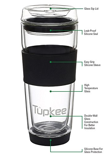 Tupkee Double Wall Glass Tumbler - 14-Ounce, All Glass Reusable Insulated Tea/Coffee Mug & Lid, Hand Blown Glass Travel Mug - Black