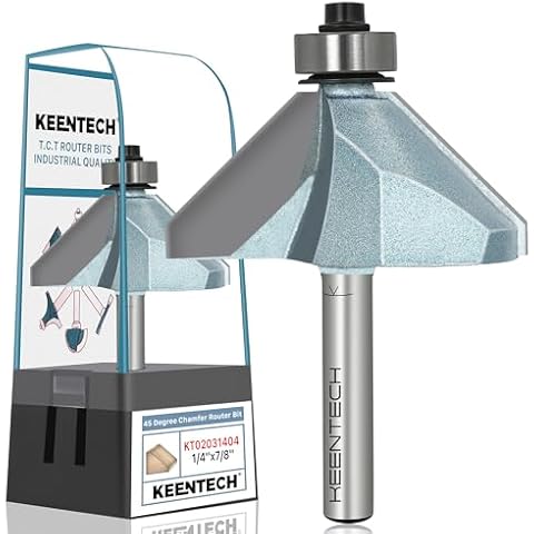 KEENTECH Router Bits, Carbide Tipped 45 Degree Chamfer Router Bit for Edge Forming, Industrial Grade Blue Cutting Tools for Woodworking (1/4 Inch Shank x 7/8 Inch Bevel x 3/4 Inch Depth, KT02031404) Cover