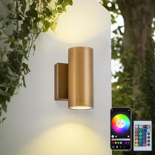 Image of RGB Outdoor Wall Light LED Exterior Lighting Fixtures with Remote Control or App Control, 7 inch Handmade Gold Outdoor Sconce Lights for House Front Door Garage Patio Porch
