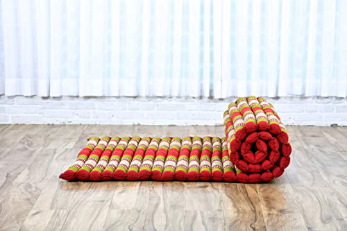 Image of Leewadee - Kapok Roll Mat - Handcrafted Folding Sleep & Relaxation Mattress from Thailand, Ideal as Guest Bed, Camping Mat, Yoga Mat or Traditional Futon, 75 x 39 inches, Green Red