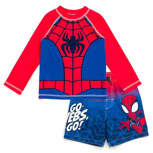 Marvel Spidey and His Amazing Friends Toddler Boys Cosplay Raglan Long Sleeve Swim Shirt and Board Shorts Outfit Spider Man Red Navy 3T