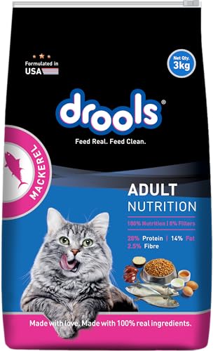 Image of Drools Adult Dry Cat Food 3kg | Mackerel | Supports Skin & Coat | Enhances Vision | Promotes Shiny Fur | Controls Hairball Formation | No Artificial Flavours
