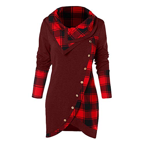 Camiseta Mujer Manga Larga de Cuadros Montones Collar Túnica Sweatshirt (Rojo, XL)